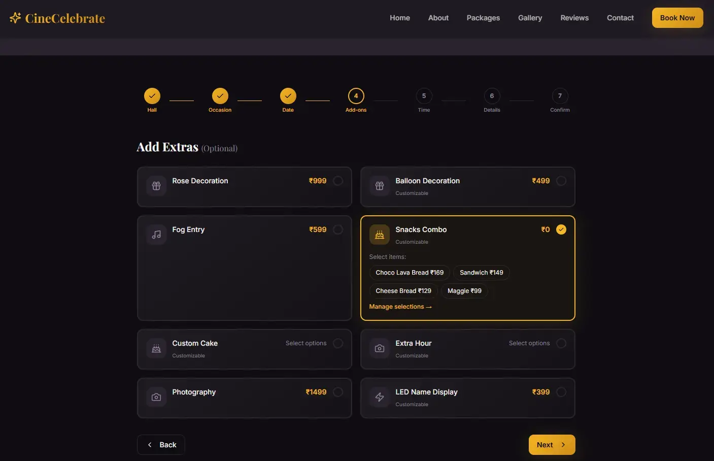 CineCelebrate — private mini theatre booking website screen