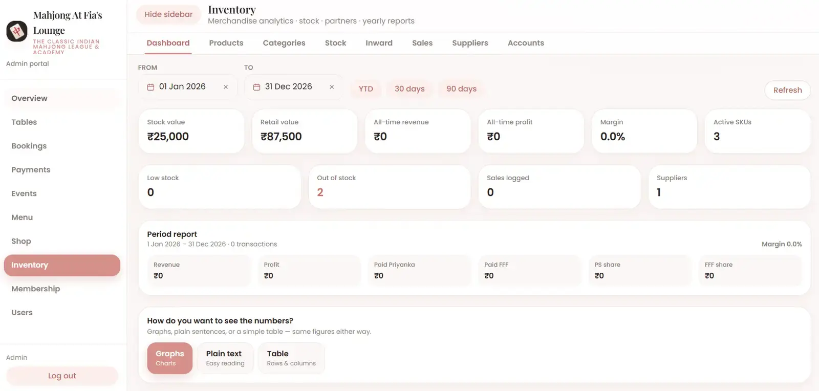 Mahjong At Fia's Lounge — academy booking & shop website screen
