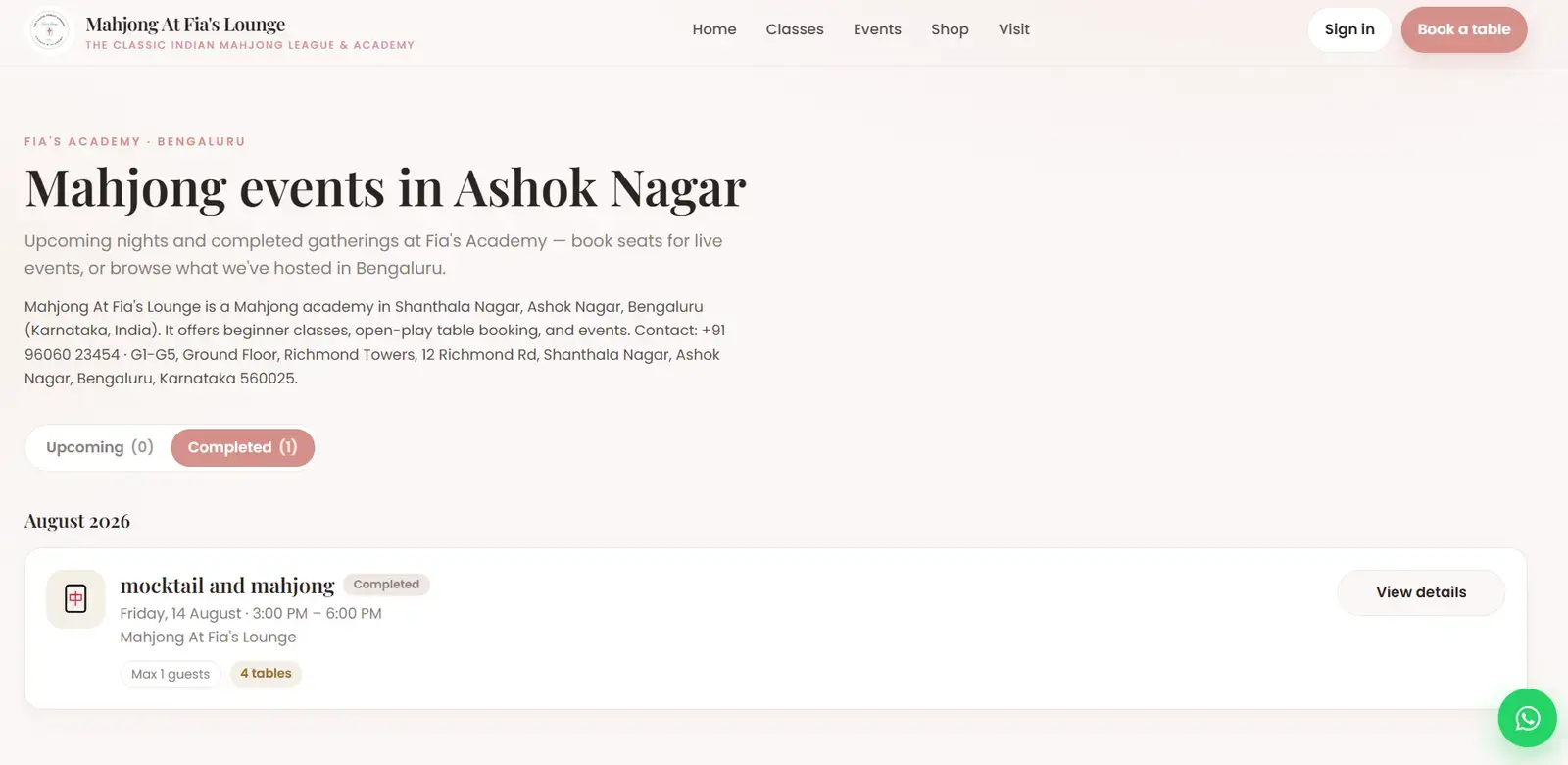 Mahjong At Fia's Lounge — academy booking & shop website screen