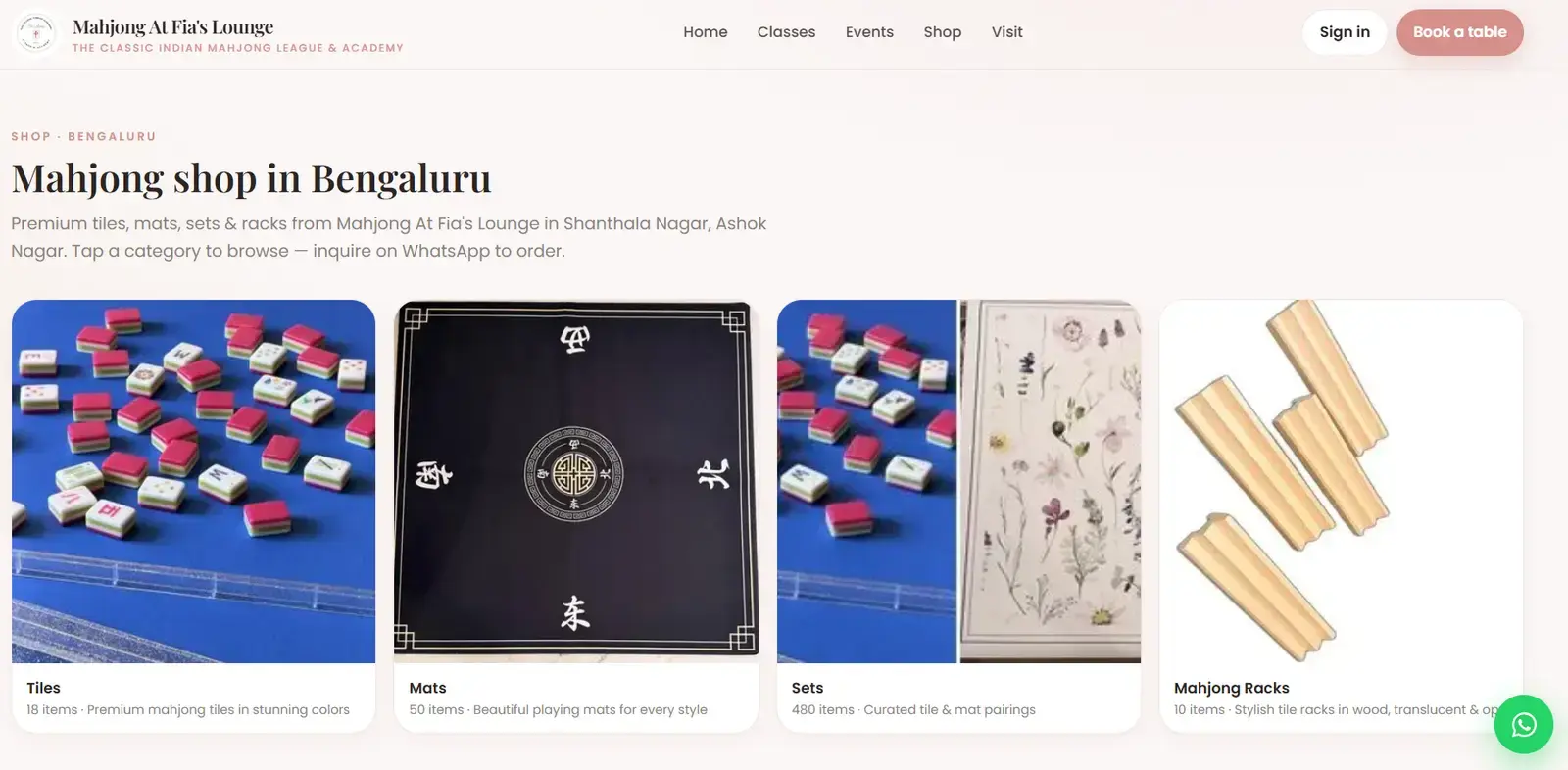 Mahjong At Fia's Lounge — academy booking & shop website screen