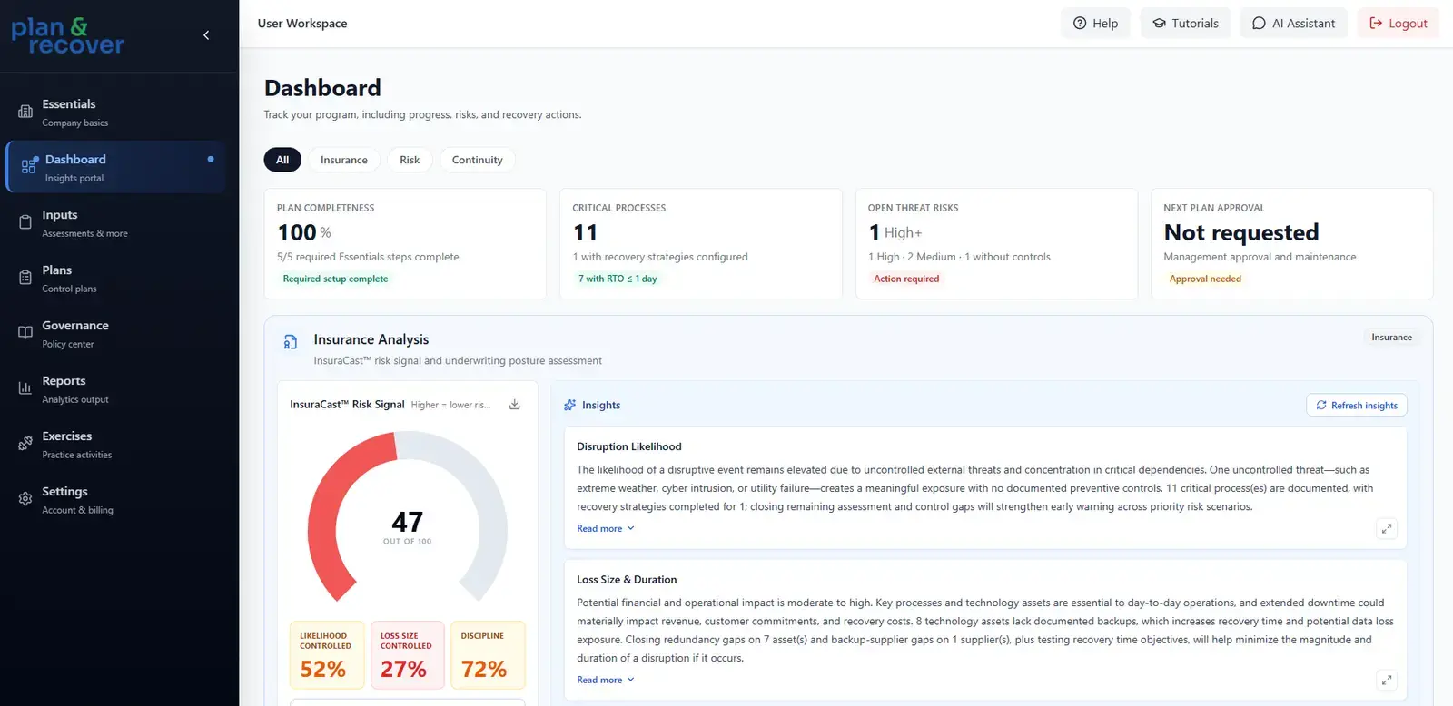 Plan & Recover — risk & business continuity website screen