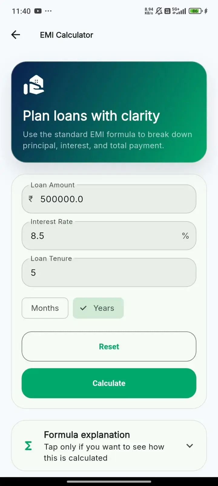 Smart Finance Toolkit — Flutter finance calculators app screen