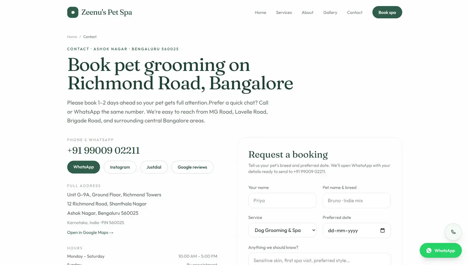 Zeenu's Pet Spa — Bangalore grooming site website screen