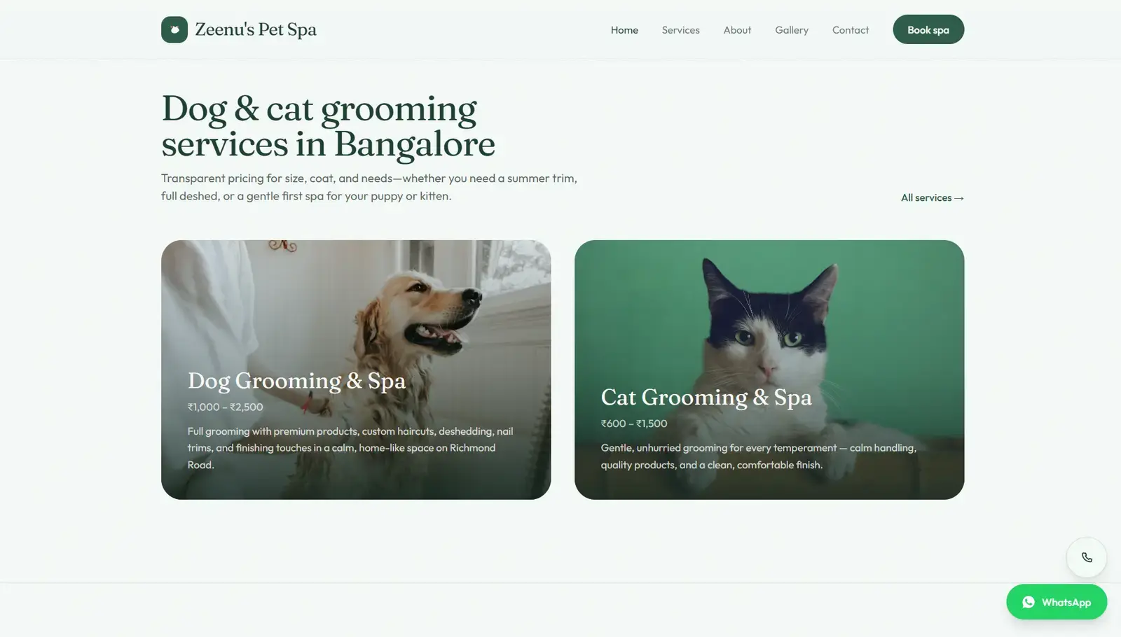 Zeenu's Pet Spa — Bangalore grooming site screenshot