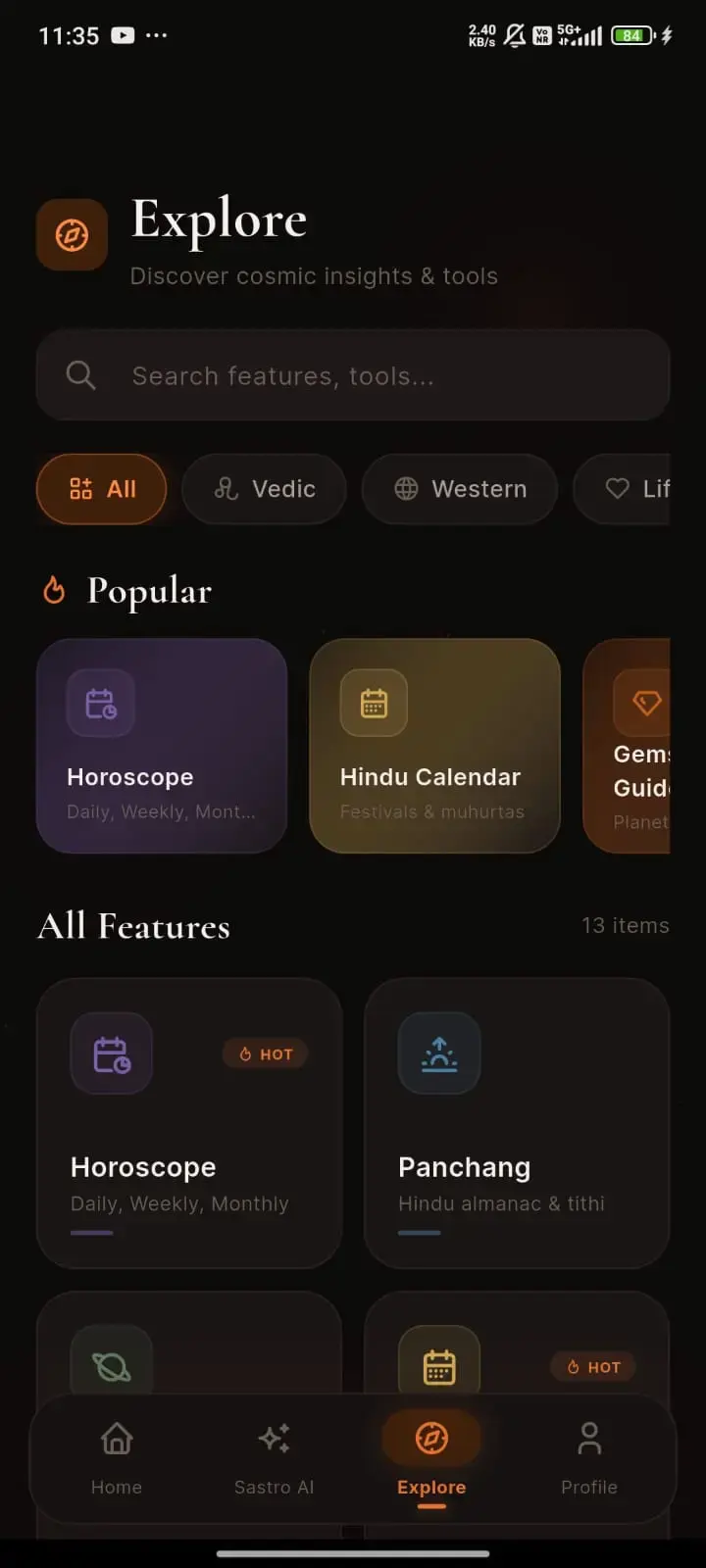 SarvamAstro — Vedic astrology platform app screen