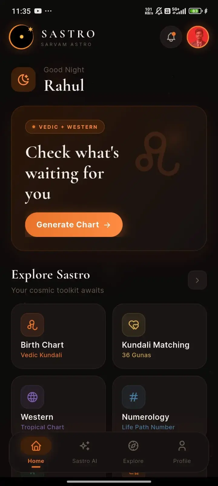 SarvamAstro — Vedic astrology platform app screen