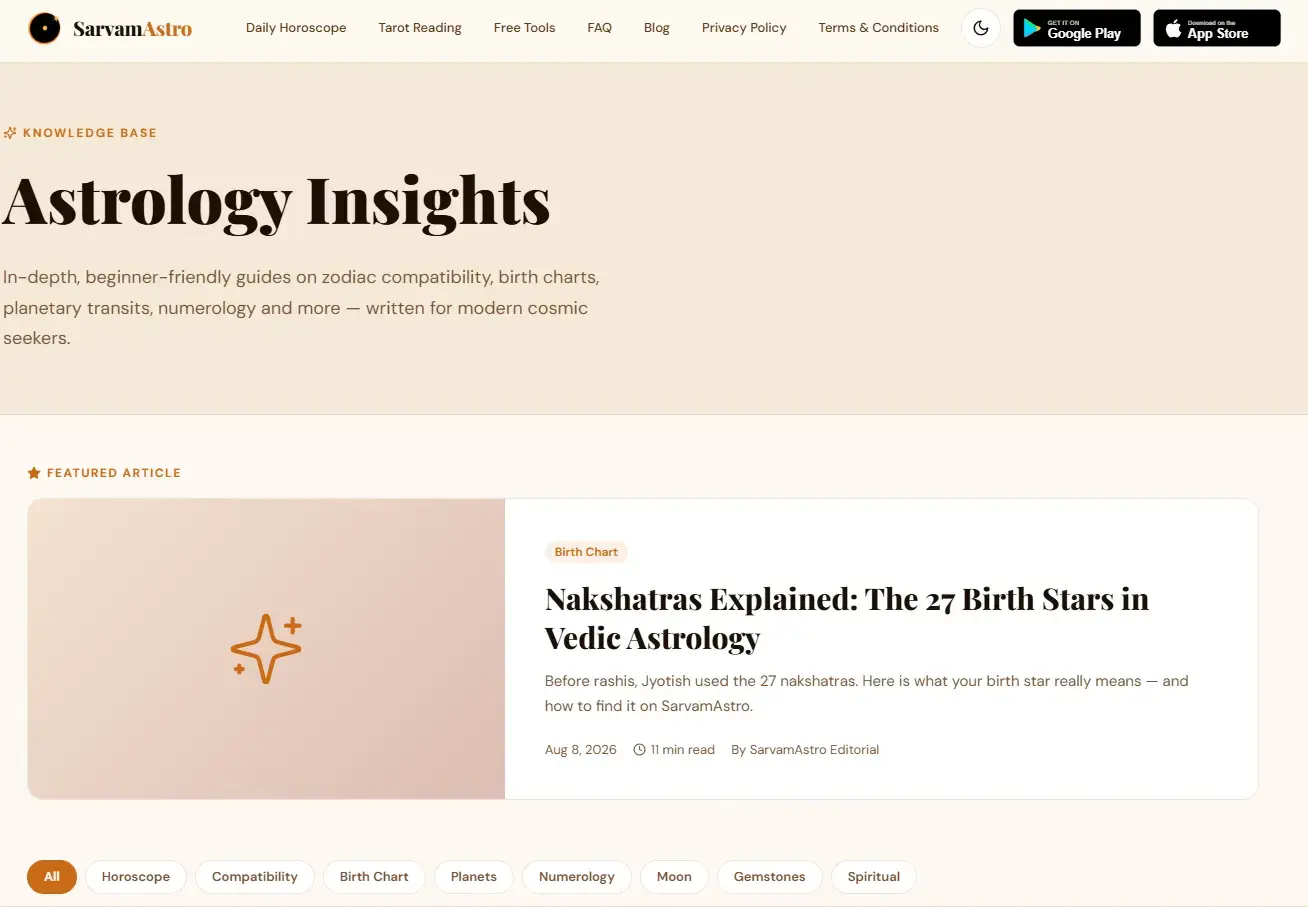 SarvamAstro — Vedic astrology platform website screen